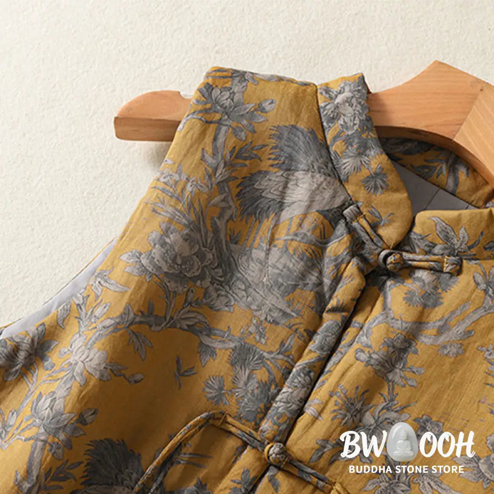 Buddha Stones Crane Flowers Branches Frog-Button Pattern Cotton Women’s Sleeveless Vest Waistcoat - Women’s Waistcoat