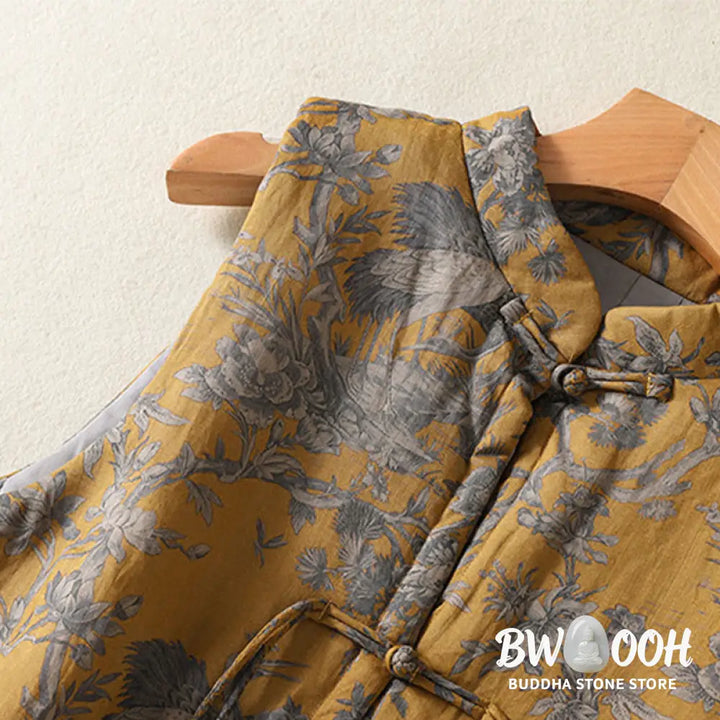 Buddha Stones Crane Flowers Branches Frog-Button Pattern Cotton Women’s Sleeveless Vest Waistcoat - Women’s Waistcoat