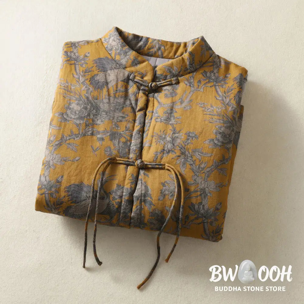 Buddha Stones Crane Flowers Branches Frog-Button Pattern Cotton Women’s Sleeveless Vest Waistcoat - Women’s Waistcoat