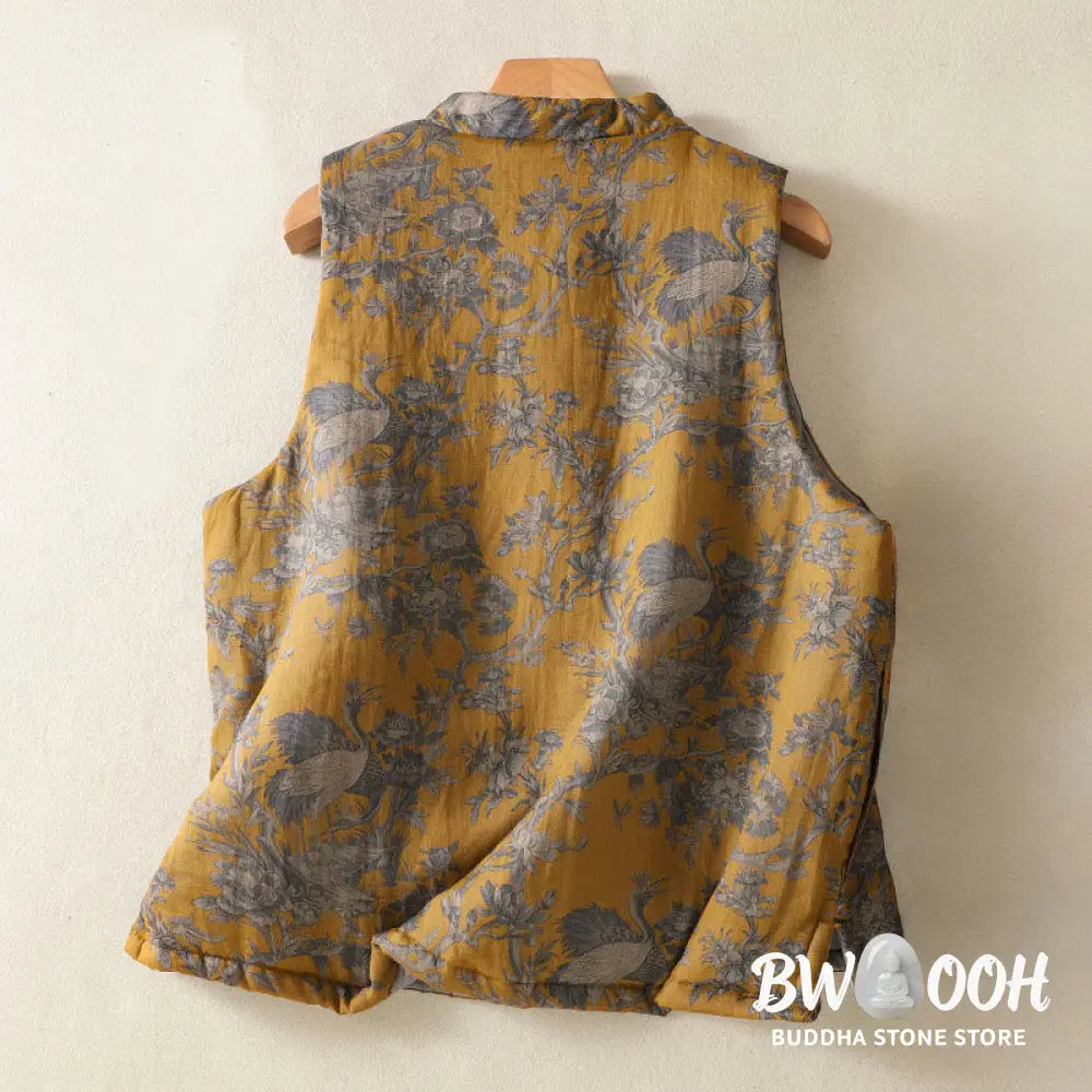 Buddha Stones Crane Flowers Branches Frog-Button Pattern Cotton Women’s Sleeveless Vest Waistcoat - Women’s Waistcoat