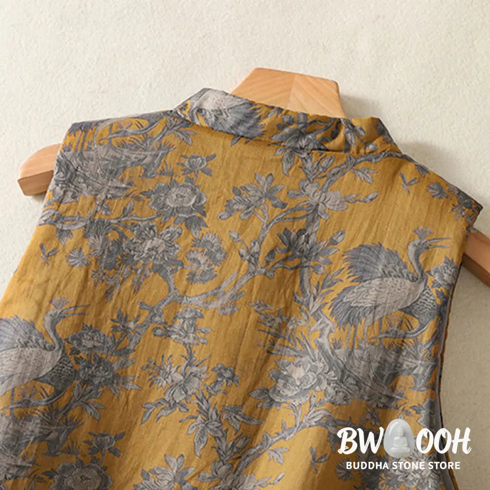 Buddha Stones Crane Flowers Branches Frog-Button Pattern Cotton Women’s Sleeveless Vest Waistcoat - Women’s Waistcoat