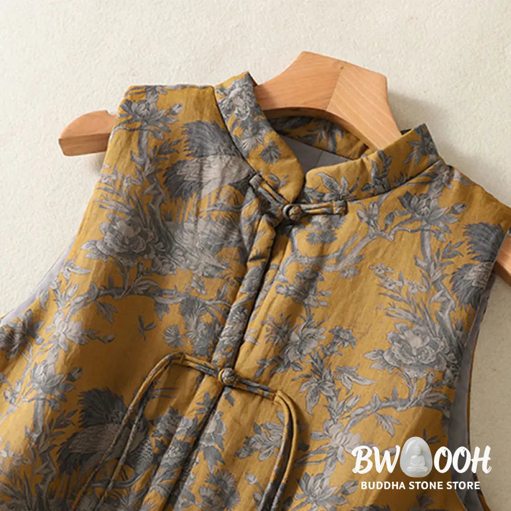Buddha Stones Crane Flowers Branches Frog-Button Pattern Cotton Women’s Sleeveless Vest Waistcoat - Women’s Waistcoat