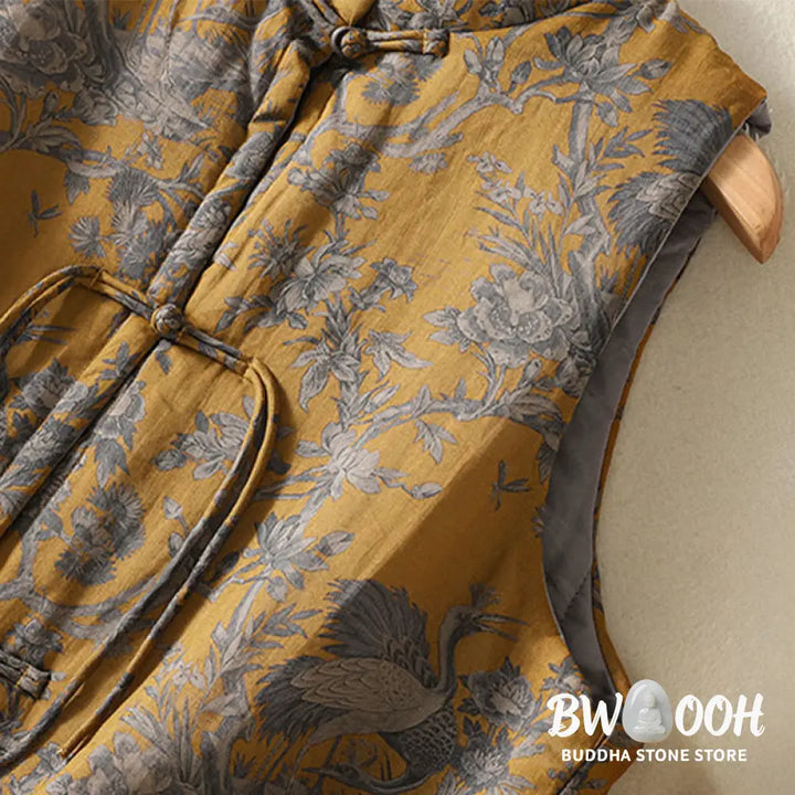 Buddha Stones Crane Flowers Branches Frog-Button Pattern Cotton Women’s Sleeveless Vest Waistcoat - Women’s Waistcoat