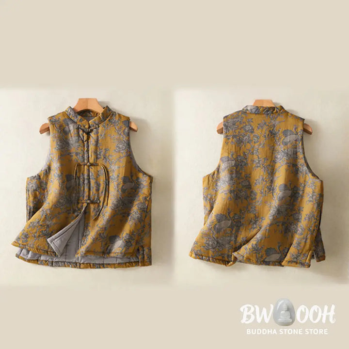Buddha Stones Crane Flowers Branches Frog-Button Pattern Cotton Women’s Sleeveless Vest Waistcoat - Women’s Waistcoat