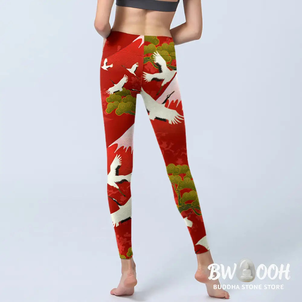 BWOOOH printed yoga leggings - Crane Mount Fuji Pine Tree Pattern Print