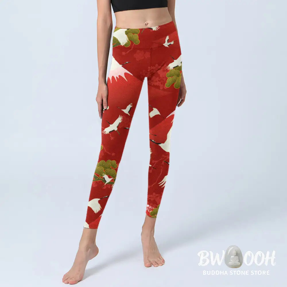 BWOOOH printed yoga leggings - Crane Mount Fuji Pine Tree Pattern Print
