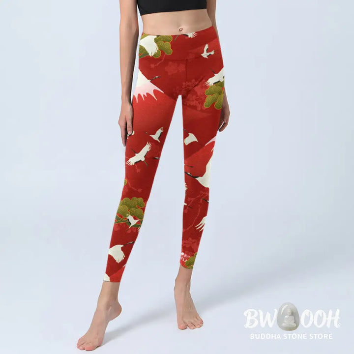 BWOOOH printed yoga leggings - Crane Mount Fuji Pine Tree Pattern Print