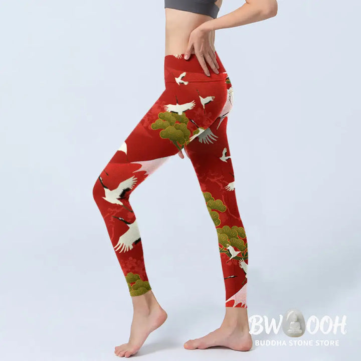 BWOOOH printed yoga leggings - Crane Mount Fuji Pine Tree Pattern Print