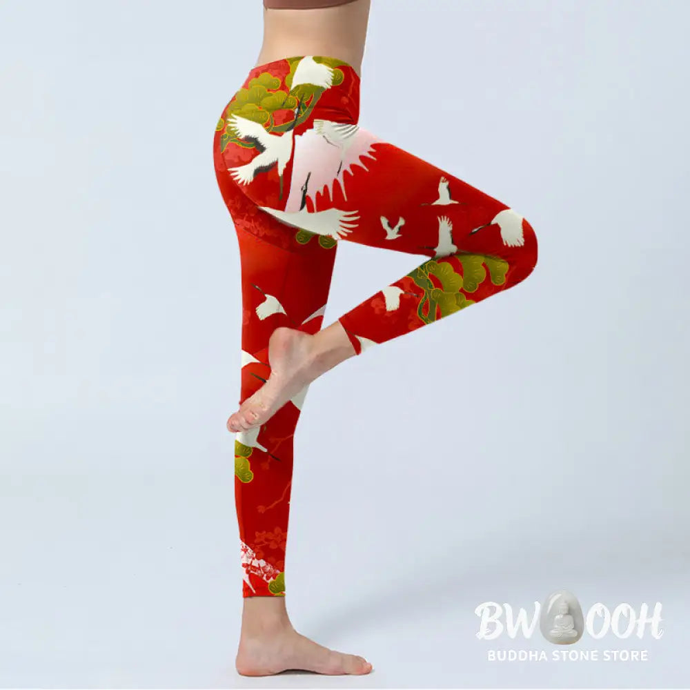 BWOOOH printed yoga leggings - Crane Mount Fuji Pine Tree Pattern Print