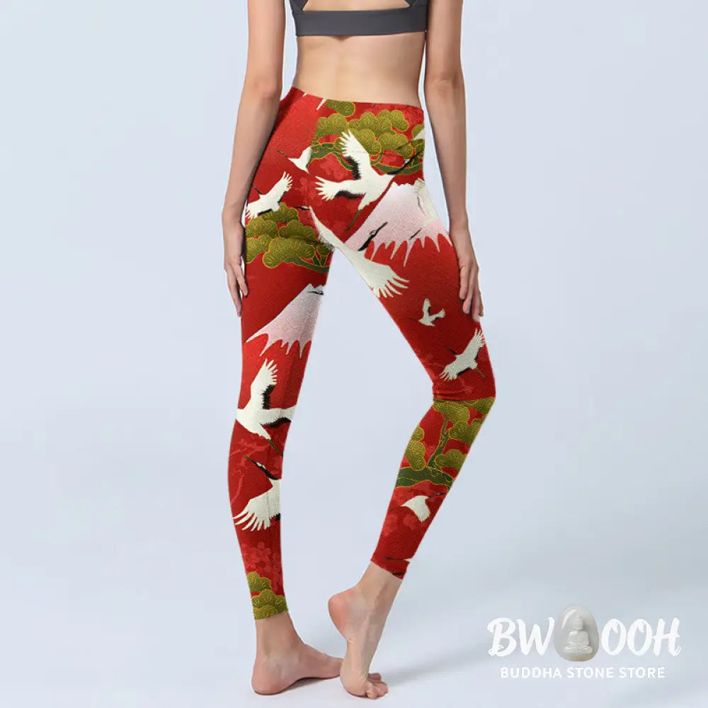 BWOOOH printed yoga leggings - Crane Mount Fuji Pine Tree Pattern Print