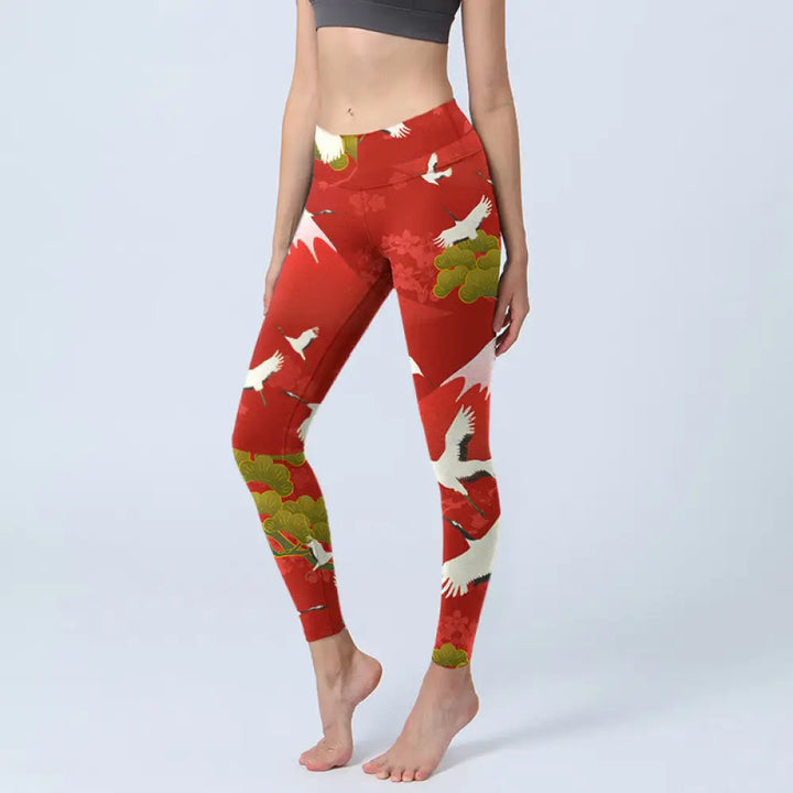 BWOOOH printed yoga leggings - Crane Mount Fuji Pine Tree Pattern Print