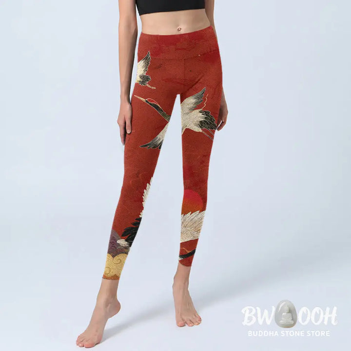 BWOOOH printed yoga leggings - Crane Print Lycra Fabric Fitness Legging