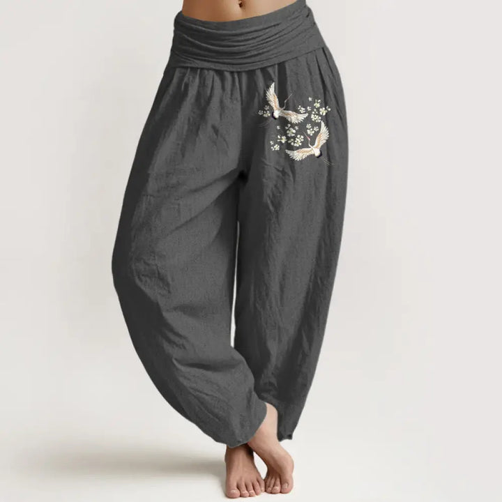 Buddha Stones Cranes Flowers Pattern Pure Cotton Women’s Elastic Waist Harem Pants - Gray / US2，UK/AU6，EU34 (XS)