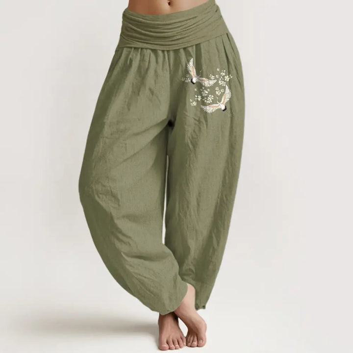 Buddha Stones Cranes Flowers Pattern Pure Cotton Women’s Elastic Waist Harem Pants - OliveDrab / US2，UK/AU6，EU34 (XS)