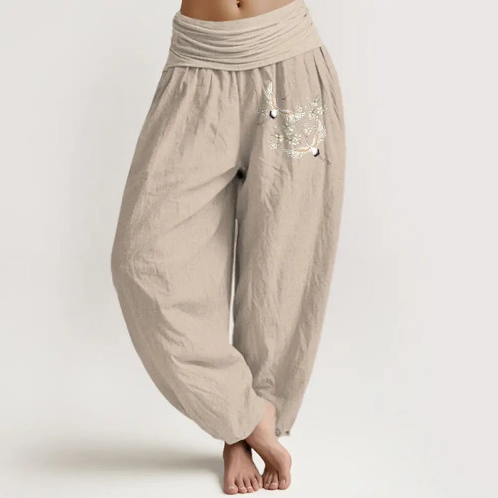Buddha Stones Cranes Flowers Pattern Pure Cotton Women’s Elastic Waist Harem Pants - Tan / US2，UK/AU6，EU34 (XS)