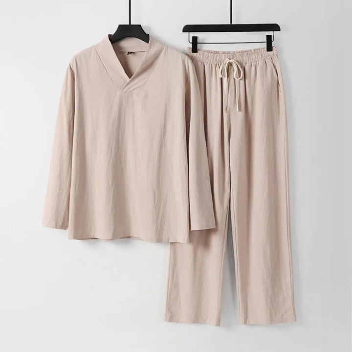 Buddha Stones Cross-Collars Cotton Tang Suit Hanfu Top Pants Clothing Men’s Set - Bisque / US/UK/AU34，EU44 (M) - Men’s