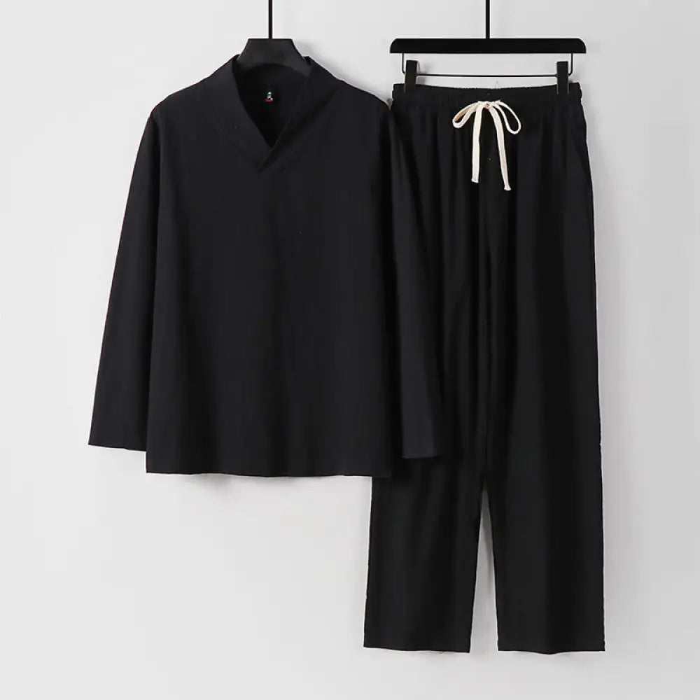 Buddha Stones Cross-Collars Cotton Tang Suit Hanfu Top Pants Clothing Men’s Set - Black / US/UK/AU34，EU44 (M) - Men’s