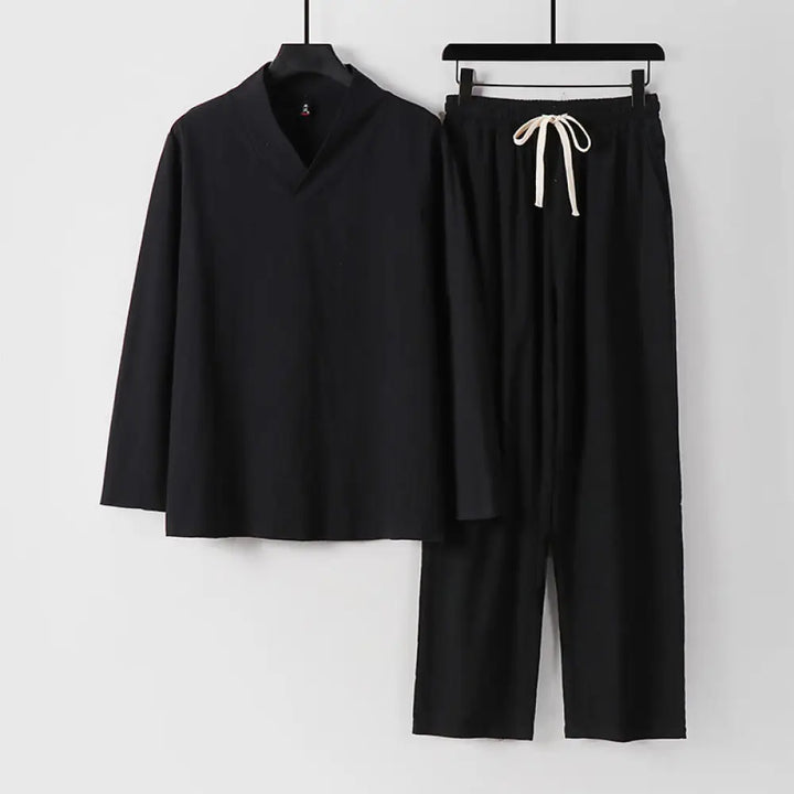 Buddha Stones Cross-Collars Cotton Tang Suit Hanfu Top Pants Clothing Men’s Set - Black / US/UK/AU34，EU44 (M) - Men’s