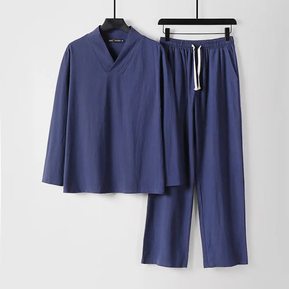 Buddha Stones Cross-Collars Cotton Tang Suit Hanfu Top Pants Clothing Men’s Set - DarkSlateBlue / US/UK/AU34，EU44 (M)