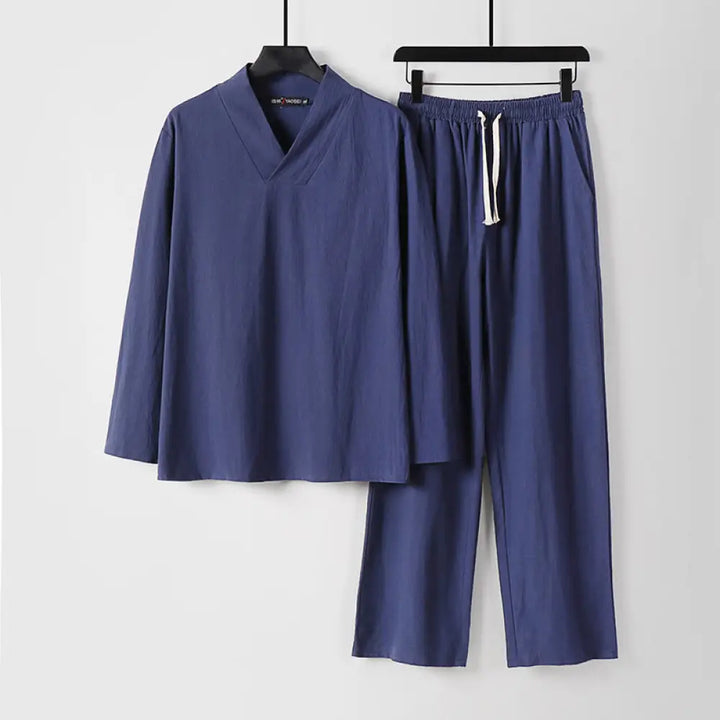 Buddha Stones Cross-Collars Cotton Tang Suit Hanfu Top Pants Clothing Men’s Set - DarkSlateBlue / US/UK/AU34，EU44 (M)