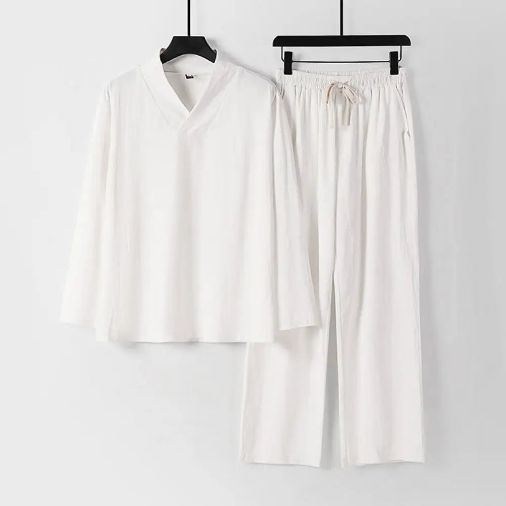 Buddha Stones Cross-Collars Cotton Tang Suit Hanfu Top Pants Clothing Men’s Set - White / US/UK/AU34，EU44 (M) - Men’s
