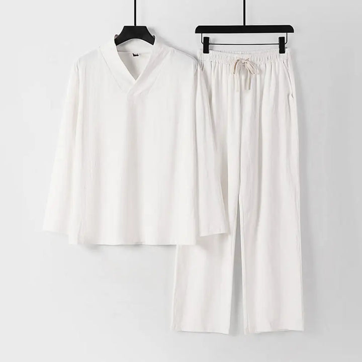 Buddha Stones Cross-Collars Cotton Tang Suit Hanfu Top Pants Clothing Men’s Set - White / US/UK/AU34，EU44 (M) - Men’s