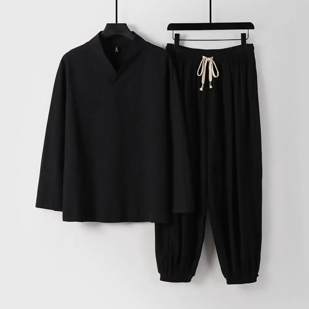 Buddha Stones Cross-Collars Cropped Bloomers Cotton Tang Suit Hanfu Top Pants Clothing Men’s Set - Black