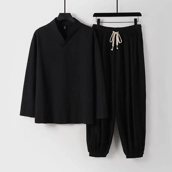 Buddha Stones Cross-Collars Cropped Bloomers Cotton Tang Suit Hanfu Top Pants Clothing Men’s Set - Black