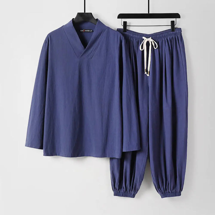 Buddha Stones Cross-Collars Cropped Bloomers Cotton Tang Suit Hanfu Top Pants Clothing Men’s Set - DarkSlateBlue