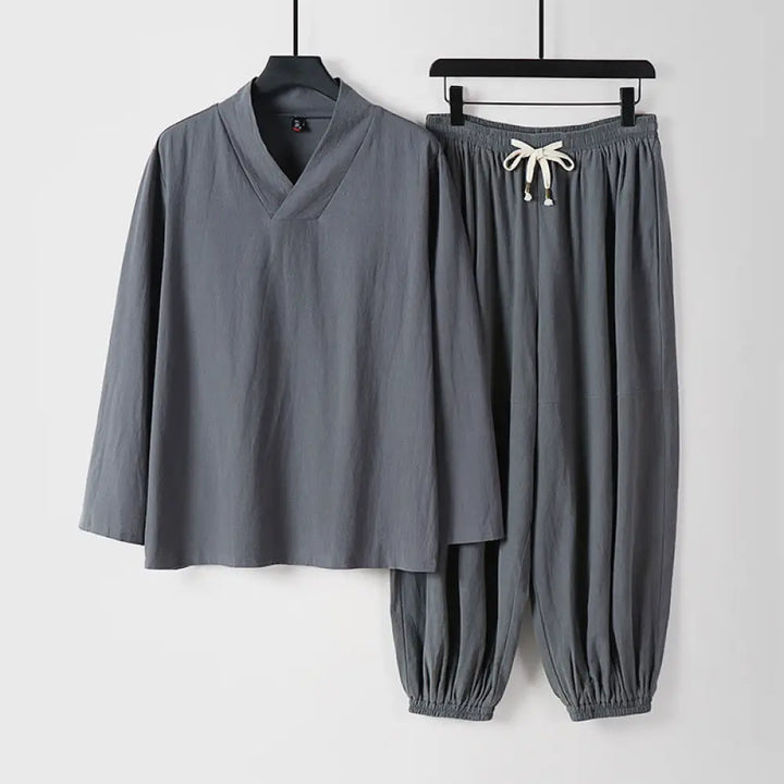 Buddha Stones Cross-Collars Cropped Bloomers Cotton Tang Suit Hanfu Top Pants Clothing Men’s Set - Gray