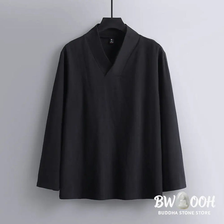 Buddha Stones Cross-Collars Cropped Bloomers Cotton Tang Suit Hanfu Top Pants Clothing Men’s Set - Men’s Meditation