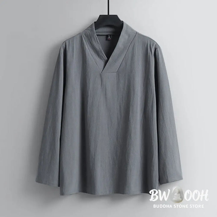 Buddha Stones Cross-Collars Cropped Bloomers Cotton Tang Suit Hanfu Top Pants Clothing Men’s Set - Men’s Meditation