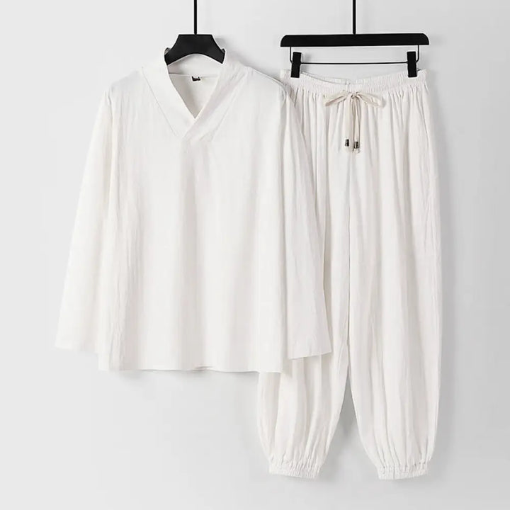 Buddha Stones Cross-Collars Cropped Bloomers Cotton Tang Suit Hanfu Top Pants Clothing Men’s Set - White