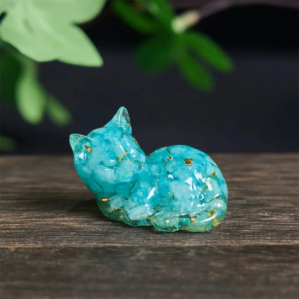 Buddha Stones Crystal Chip Epoxy Resin Small Cat Positive Decoration - Aquamarine (32*43*53mm) - Decorations