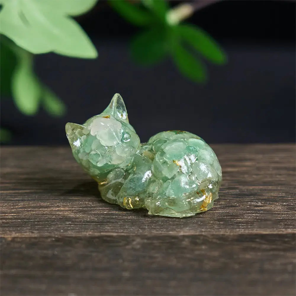 Buddha Stones Crystal Chip Epoxy Resin Small Cat Positive Decoration - Green Aventurine(32*43*53mm) - Decorations