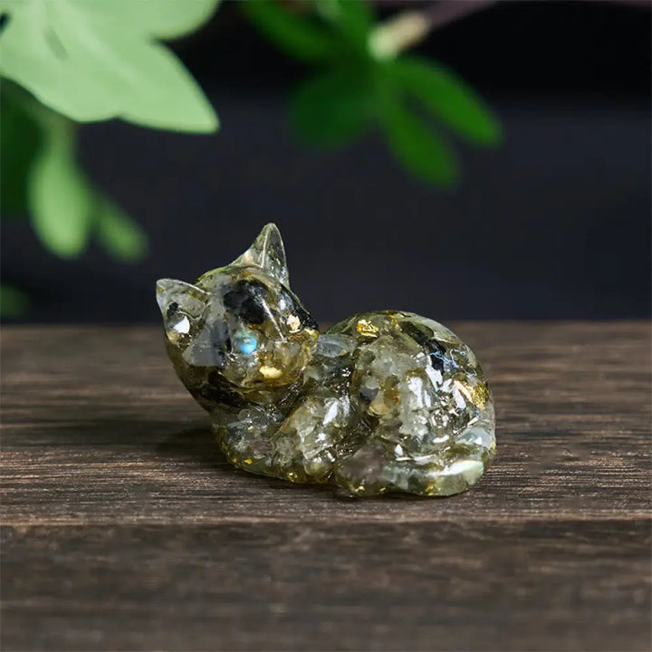 Buddha Stones Crystal Chip Epoxy Resin Small Cat Positive Decoration - Labradorite(32*43*53mm) - Decorations