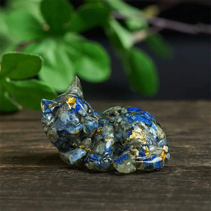 Buddha Stones Crystal Chip Epoxy Resin Small Cat Positive Decoration - Lazurite Decorations(32*43*53mm) - Decorations