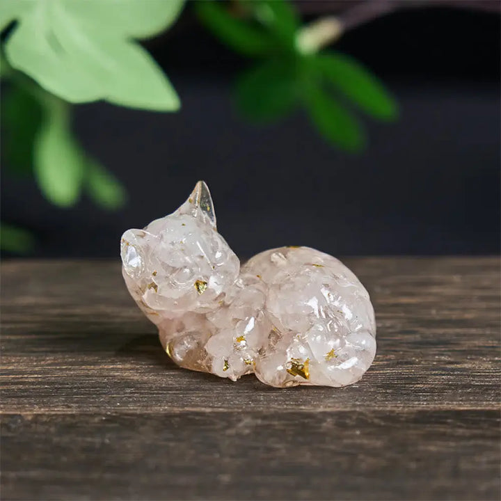 Buddha Stones Crystal Chip Epoxy Resin Small Cat Positive Decoration - Pink Crystal(32*43*53mm) - Decorations