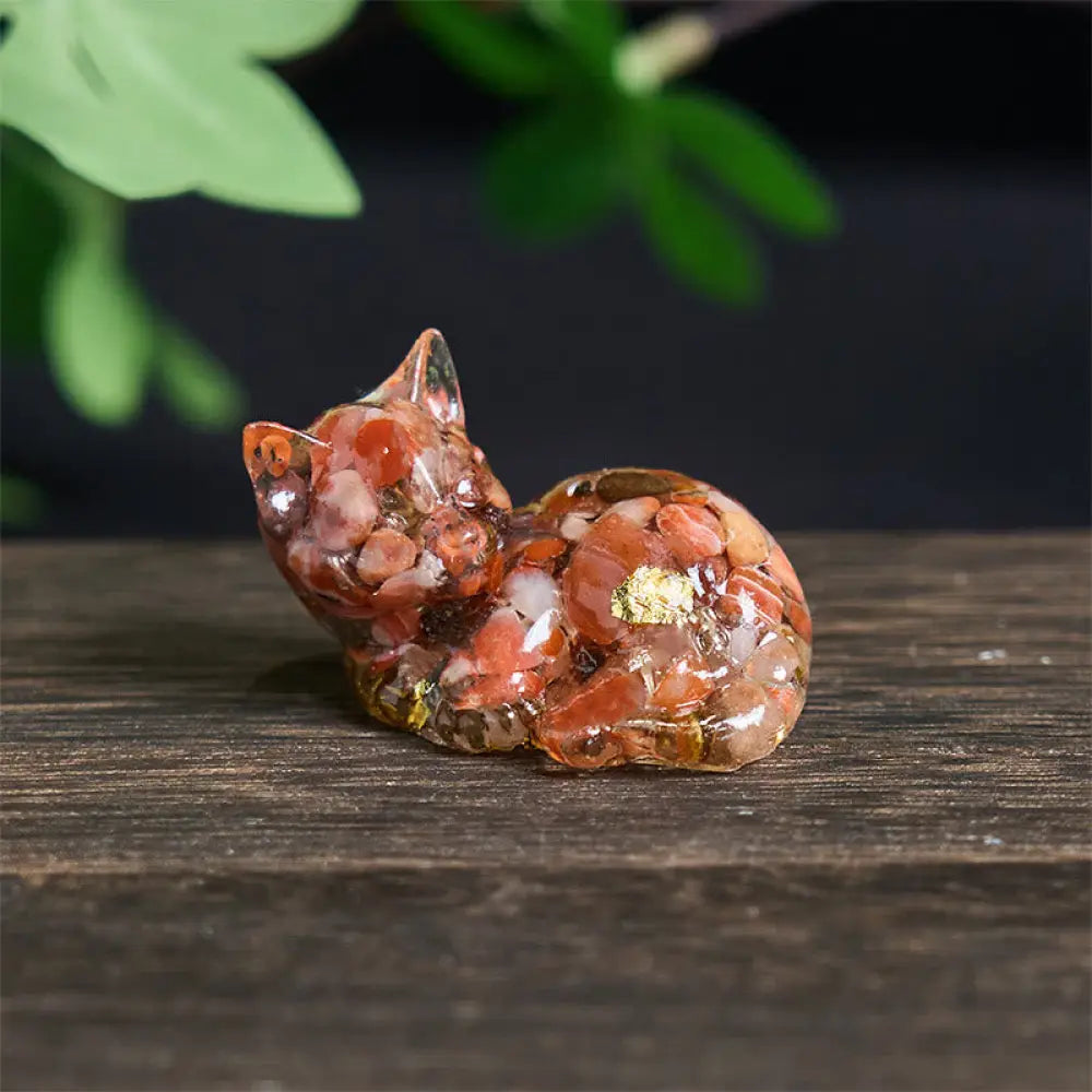 Buddha Stones Crystal Chip Epoxy Resin Small Cat Positive Decoration - Red Agate(32*43*53mm) - Decorations