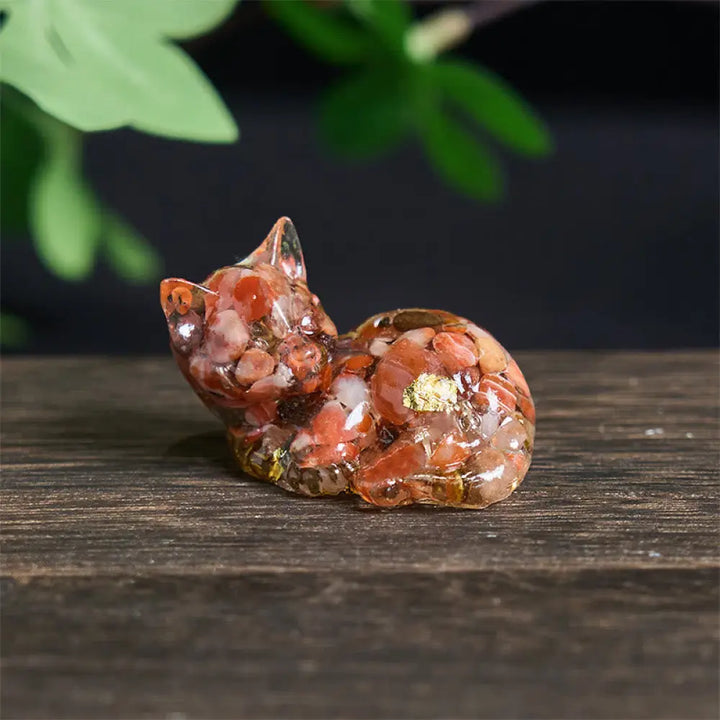 Buddha Stones Crystal Chip Epoxy Resin Small Cat Positive Decoration - Red Agate(32*43*53mm) - Decorations