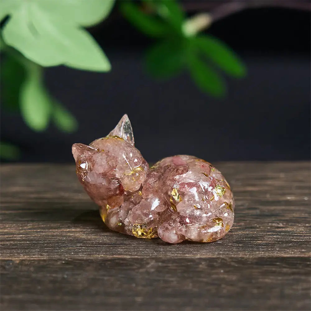 Buddha Stones Crystal Chip Epoxy Resin Small Cat Positive Decoration - Strawberry Quartz(32*43*53mm) - Decorations