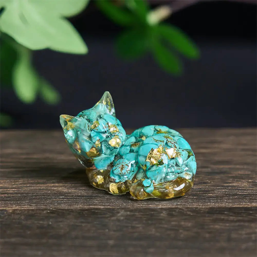 Buddha Stones Crystal Chip Epoxy Resin Small Cat Positive Decoration - Turquoise(32*43*53mm) - Decorations