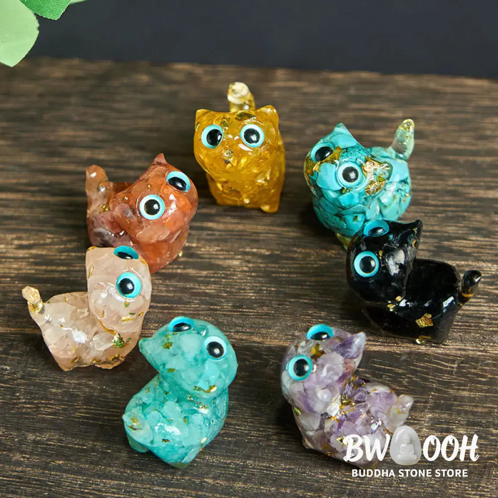 Buddha Stones Crystal Drip Resin Small Cat Serenity Fulfilment Decoration Statue - Decorations