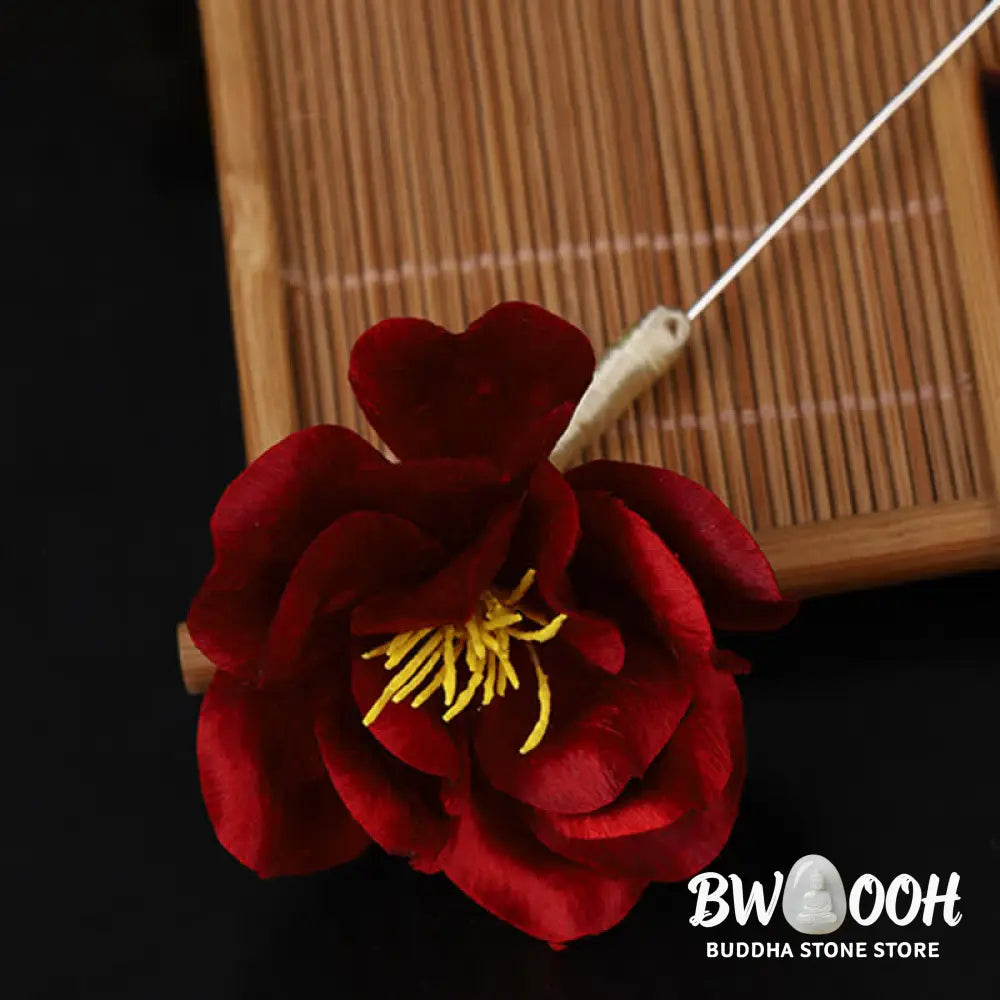 Buddha Stones Cultural Heritage Handcrafted Silk Art Red Camellia Blessing Sincerity Brooch - Camellia(Size: About