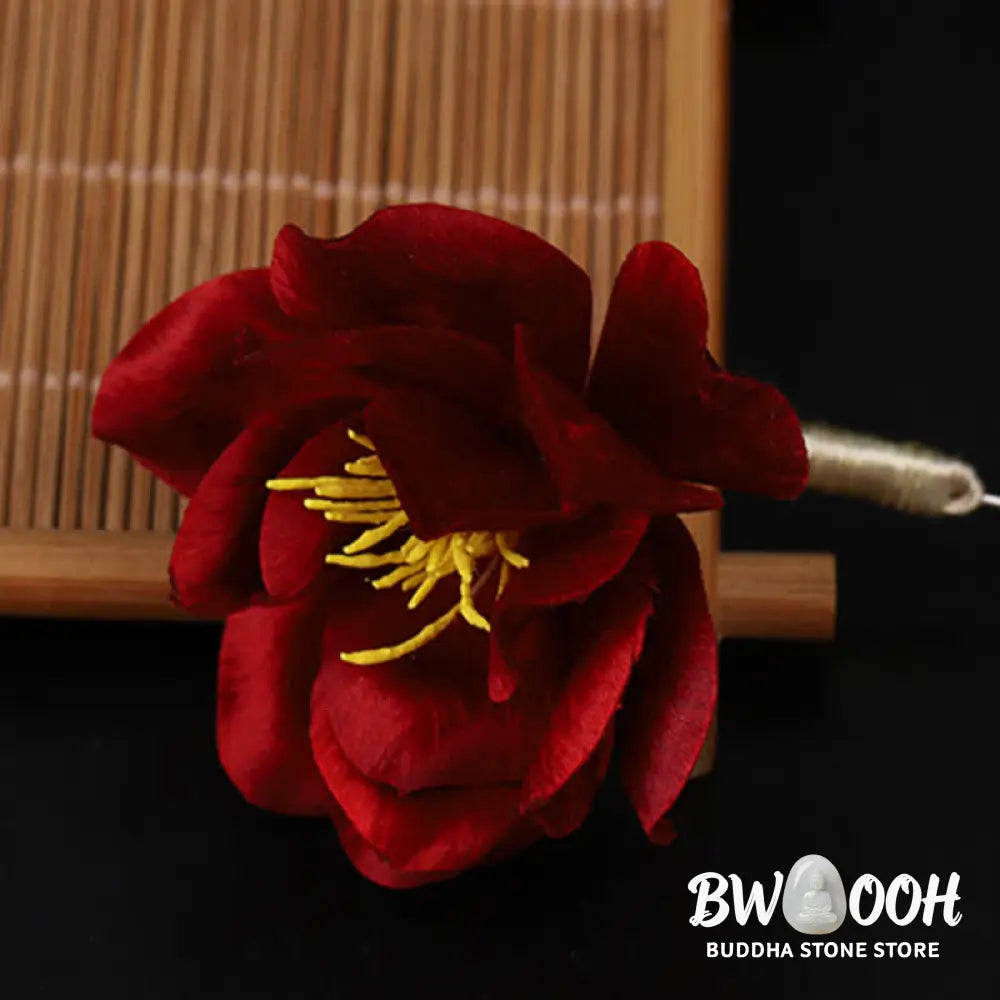 Buddha Stones Cultural Heritage Handcrafted Silk Art Red Camellia Blessing Sincerity Brooch - Camellia(Size: About