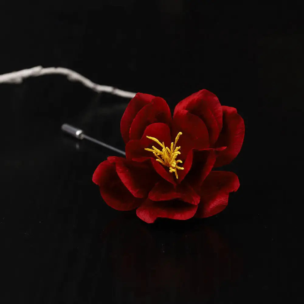 Buddha Stones Cultural Heritage Handcrafted Silk Art Red Camellia Blessing Sincerity Brooch - Camellia(Size: About