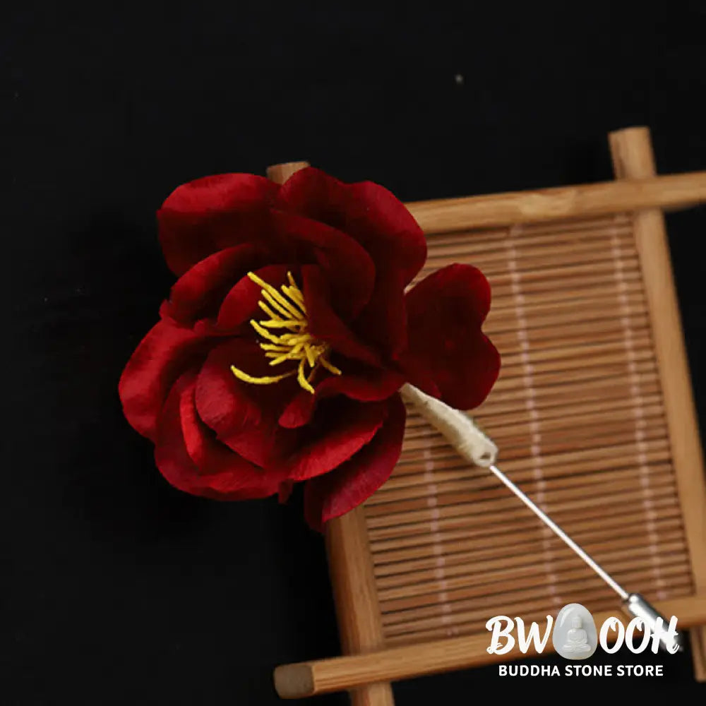 Buddha Stones Cultural Heritage Handcrafted Silk Art Red Camellia Blessing Sincerity Brooch - Camellia(Size: About