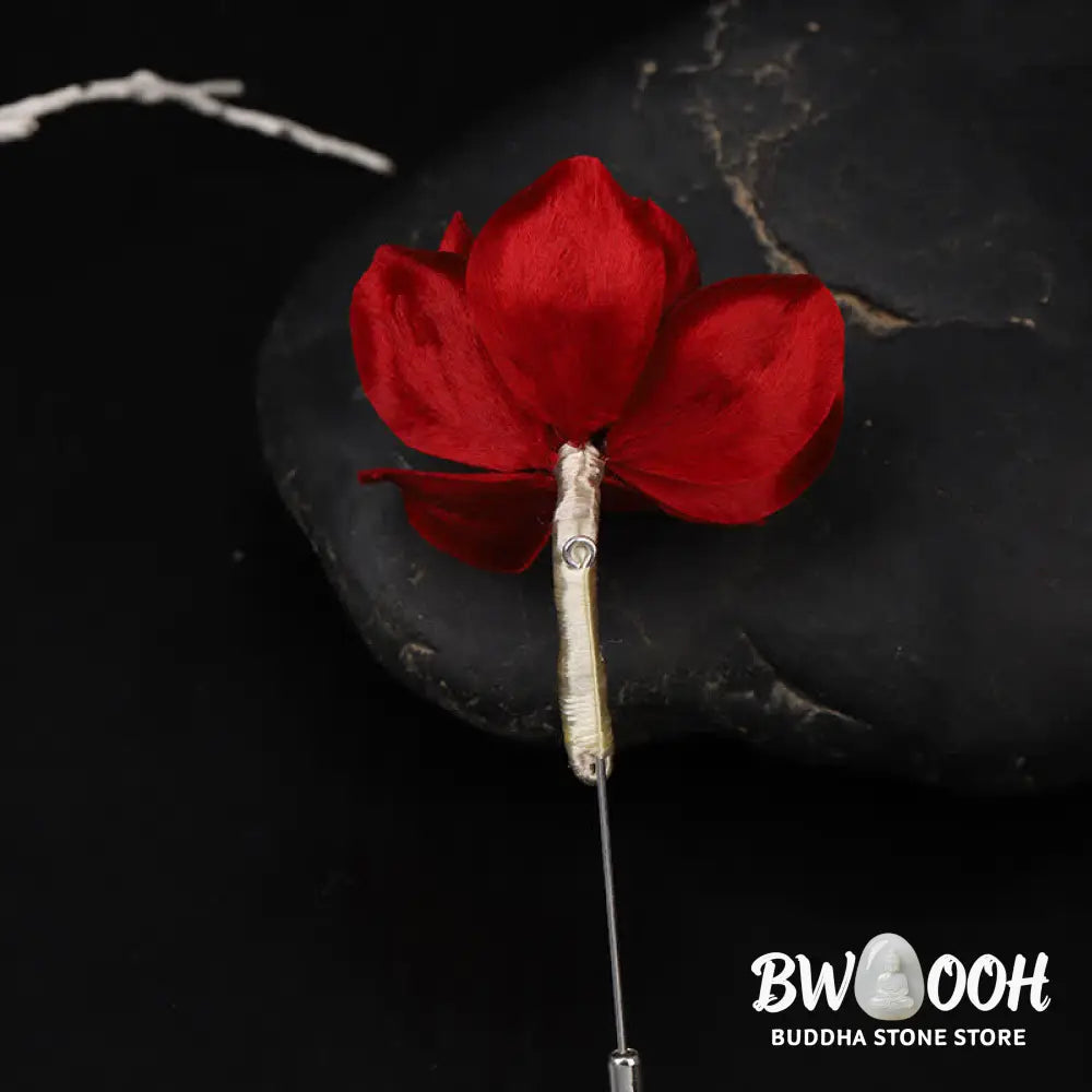 Buddha Stones Cultural Heritage Handcrafted Silk Art Red Camellia Blessing Sincerity Brooch - Camellia(Size: About