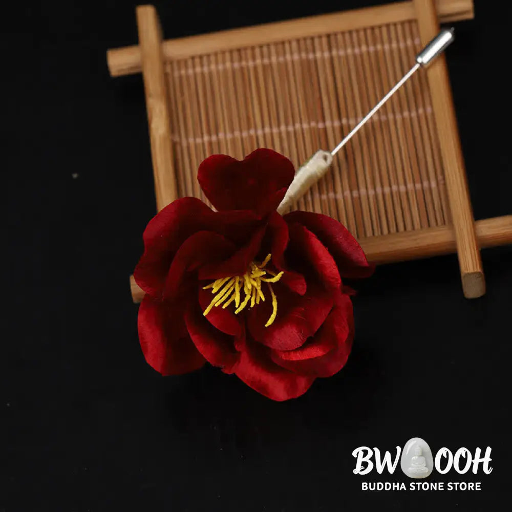 Buddha Stones Cultural Heritage Handcrafted Silk Art Red Camellia Blessing Sincerity Brooch - Camellia(Size: About