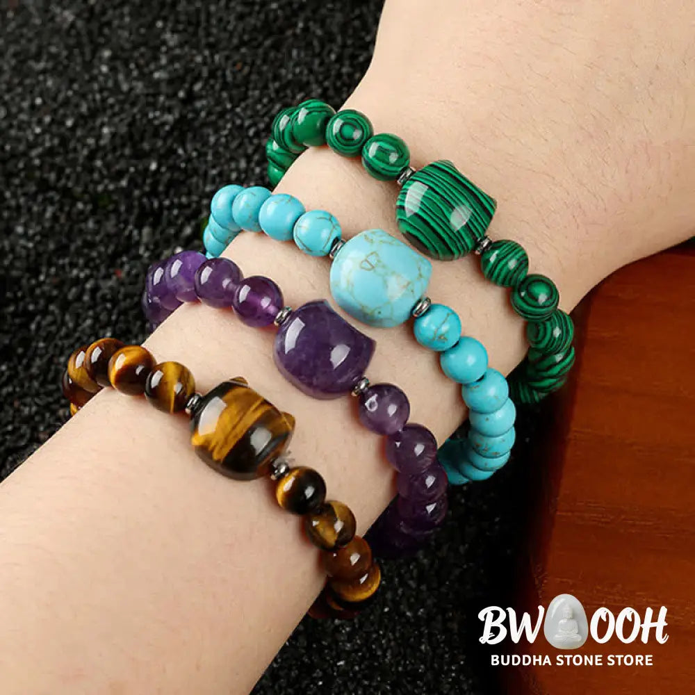 Buddha Stones Cute Cat Design Blue Lace Agate Clear Quartz Beaded Bracelet - Bracelet